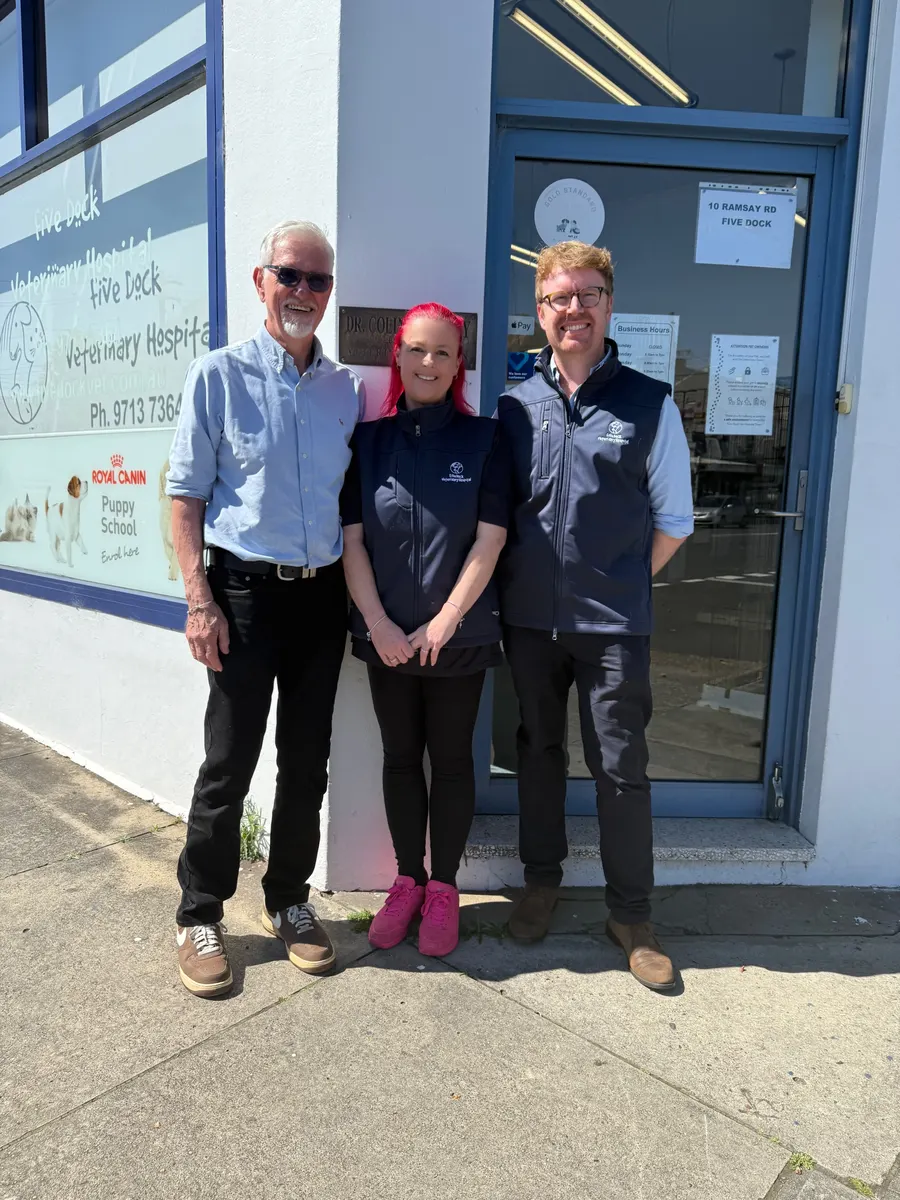 Dr Will Cadell, Katrina Rowan and Colin Huxley standing in front of Five Dock Veterinary Hospital